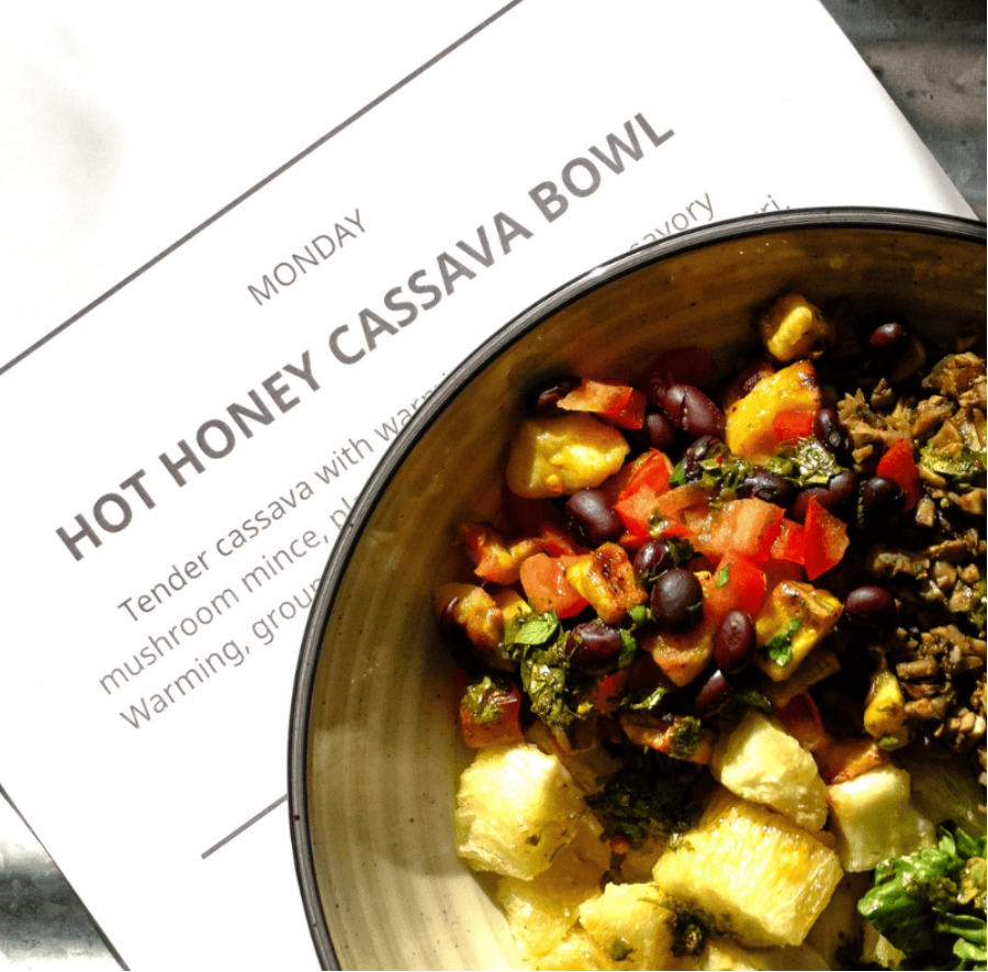 Hot honey cassava bowl with a 'Recycle Menu' in the background